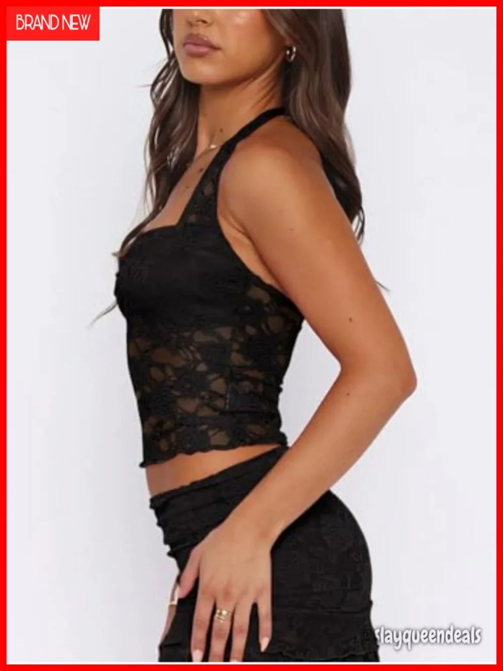 Lace Halter Crop Top Sleeveless Backless Night Out Y2K Tank Top